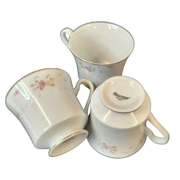 Silverie Fine China Footed Teacup Gold Trim Pink Floral Pattern Set of 3 - Picture 3 of 10